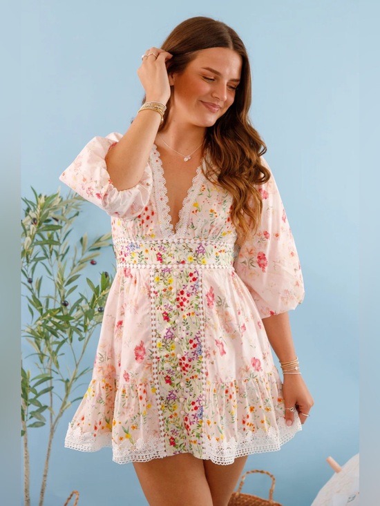Fore Dresses & Skirts - NWOT FORE Collection Floral Print Cotton Crochet Bubble Hem Sleeve Mini Dress